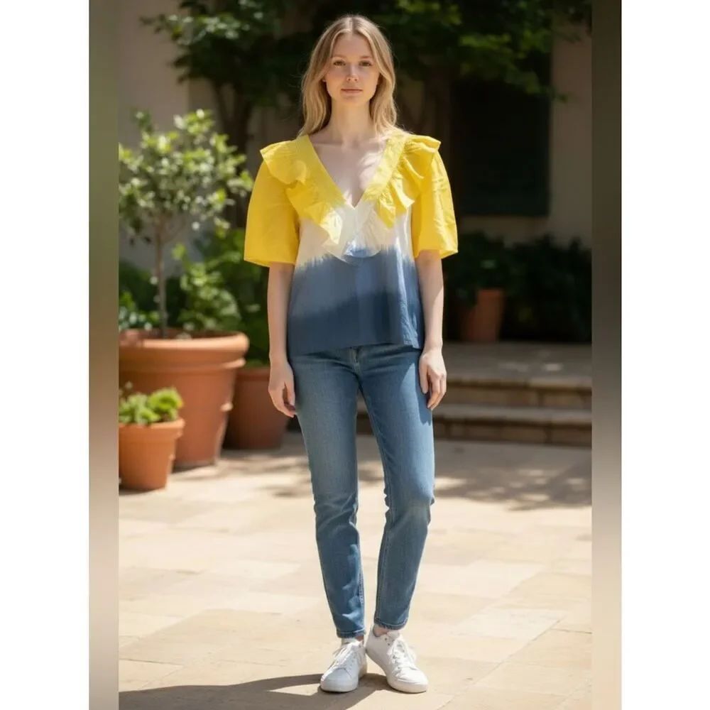 $265 St Roche Sabina cotton blouse top in yellow/ blue New